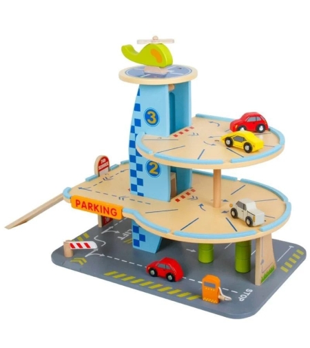 Дървен детски паркинг Raya Toys с коли и хеликоптер, 28 части