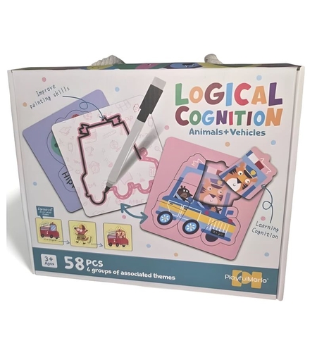 Двулицев пъзел Raya Toys Logical Cognition Животни и МПС, с маркер, 58 ч.