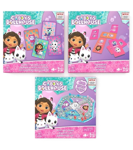 Комплект настолни игри Spin Master Gabby’s Dollhouse Не се сърди човече, Домино, Карти