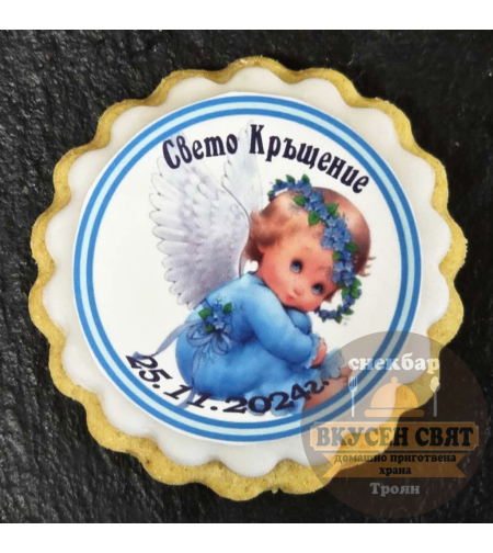Бисквитка с принт Ангелче в синьо с венец
