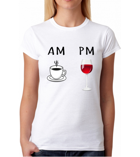 Бяла дамска тениска - AM Coffee pm Wine