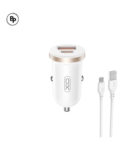 Зарядно за кола XO CC56, Двойно Гнездо USB / Usb-C, Кабел USB - Micro (30W) White