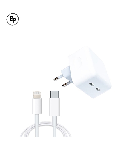 Зарядно Apple, Двойно гнездо USB‑C, Кабел Lightning - Type-C (1m) (35W) White