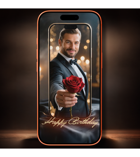 Amazing 3D Birthday Video Card – Elegant Gentleman Popping Out of Phone with Rose – Unique Digital Gift