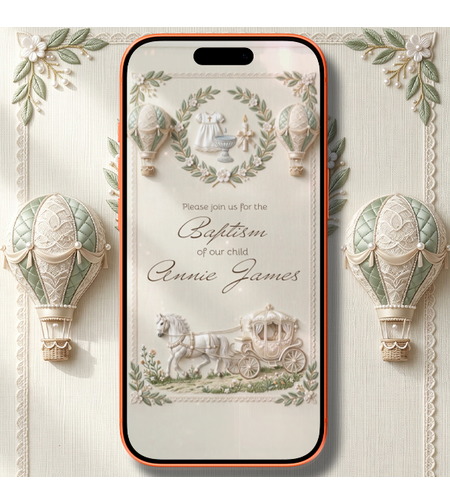 Animated Baptism Video Invitation , Hot Air Balloon & Carriage Christening Digital Invite, Luxury Sage Green Floral Mobile Evite