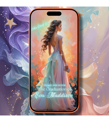 Magical Pastel Gown Prom Video Invitation, Digital Graduation Invite for Mobile
