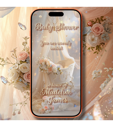 Elegant White Baby Crib Digital Video Invitation for Baby Shower