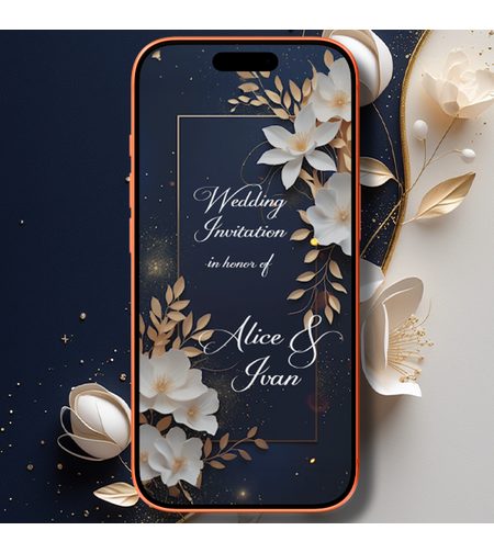 Elegant Navy Blue Digital Wedding Invitation with White Floral Design