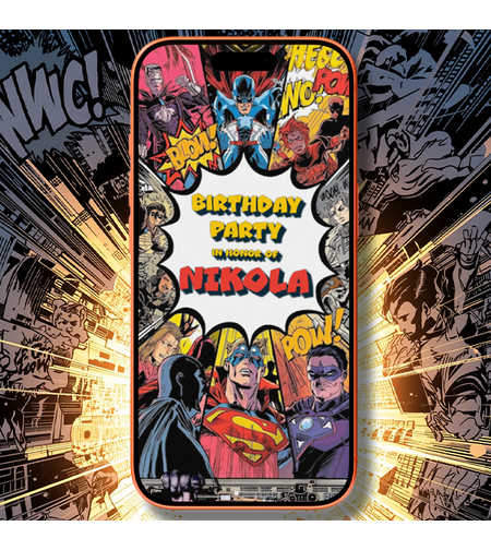 Comic Style Birthday Digital Video Invitation for Kids | Cartoon Pop Art Party Invite | Superhero Comic Book Theme Birthday Invitation