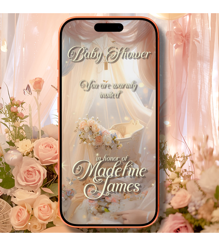 Elegant White Baby Crib Digital Video Invitation for Baby Shower