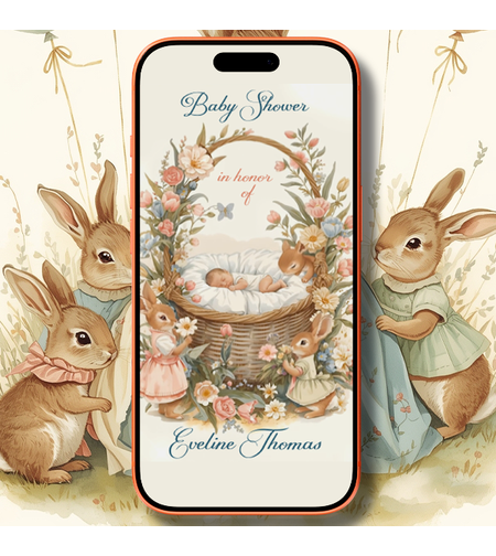 Digital Baby Shower Video Invitation - Cute Storybook Bunny in Soft Pastels