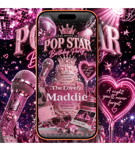 Pop Star Birthday Video Invitation for Girls | Personalized Pink Digital Party Invite