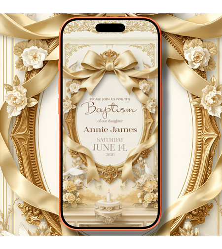 Luxury Gold & Yellow Baptism Video Invitation | Elegant Digital Christening Invite