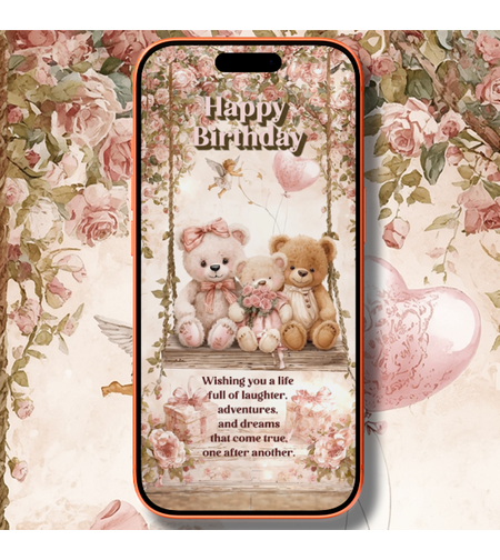 Digital Birthday Greeting Video with Cute Teddy Bears on a Flower Swing – Fairy Tale Style Animation