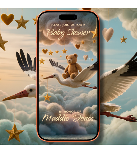 Animated Baby Shower Video Invitation: Cute Teddy Bear & Stork in Pastel Tones – Digital Invite with Music