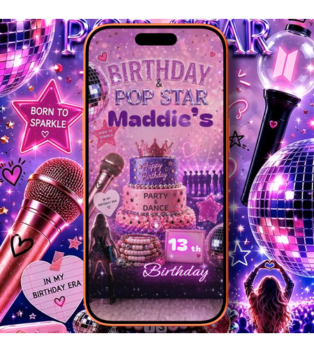 Pop Star Birthday Video Invitation for Girls | Personalized Digital Party Invite