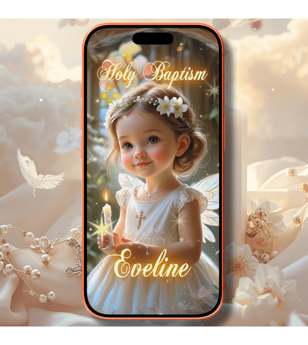 Elegant Baby Girl Baptism Digital Video Invitation – Luxury Christening Invite with Delicate Holy Symbols & Soft Pastel Design
