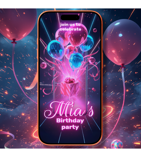 3D Neon Glow Birthday Video Invitation for Mobile