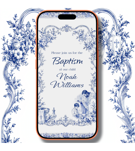 Blue Chinoiserie Boy Baptism Video Invitation, Elegant Toile de Jouy Christening Electronic Invite, Digital Smartphone Baptismal Announcement Template