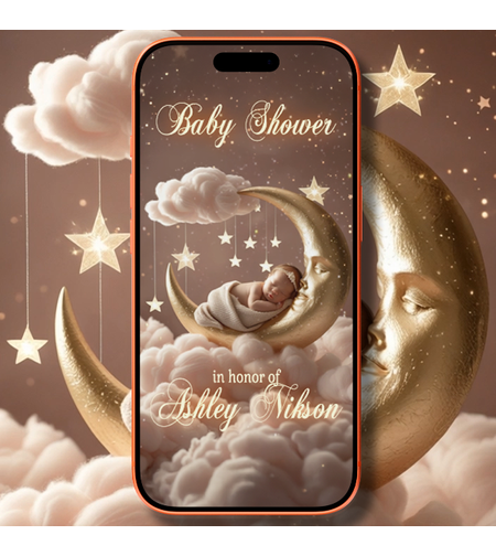 Blush Pink Baby Shower Digital Video Invitation – Sleeping Baby on the Moon, Dreamy Rose Clouds, Elegant Ash Rose Pastel Theme