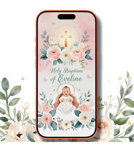 Baby Baptism Video Invitation – Elegant Digital Invitation with Pastel Floral Design
