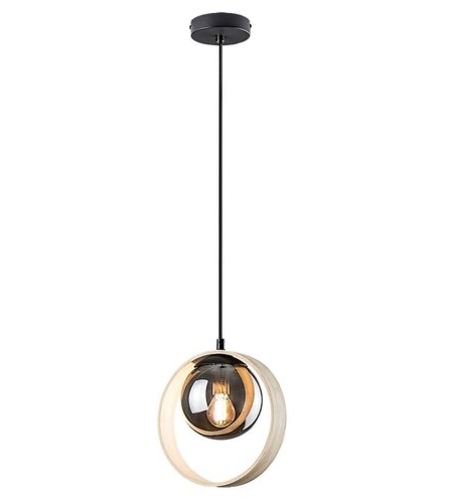 Модерен висящ полилей 1xE14 – метал, дърво и кафяво стъкло (бук)