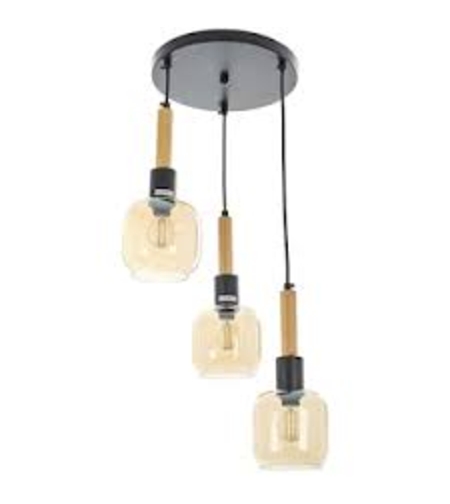 Винтидж висящ полилей 3xE14 – черен метал и дърво, регулируема височина