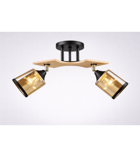 Модерен полилей 2 × E27 с метал и дърво – черно и натурално дърво и мес