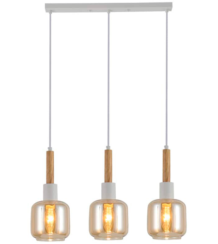 Винтидж полилей от бял метал, дърво и стъкло – 3xE14, регулируема височина