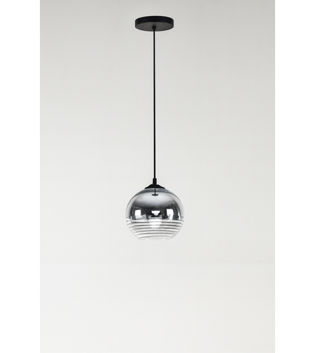 Модерен висящ полилей с хромирано стъкло и черен метален корпус – 1xE27