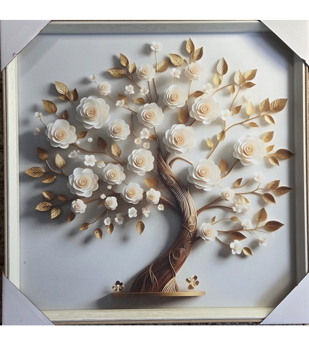 Дърво на хармонията  – елегантна картина със златни и бели цветя, символ на изобилие и баланс