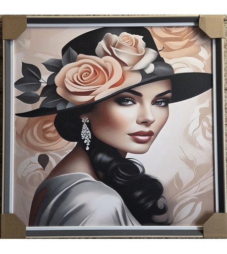 Дама с рози  – елегантна картина на жена с шапка, символ на стил и изисканост