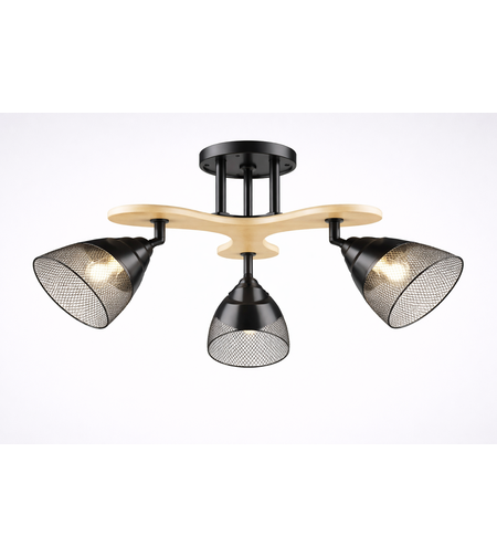 Модерен полилей 3 × E27 с метал и дърво – черно и натурално дърво