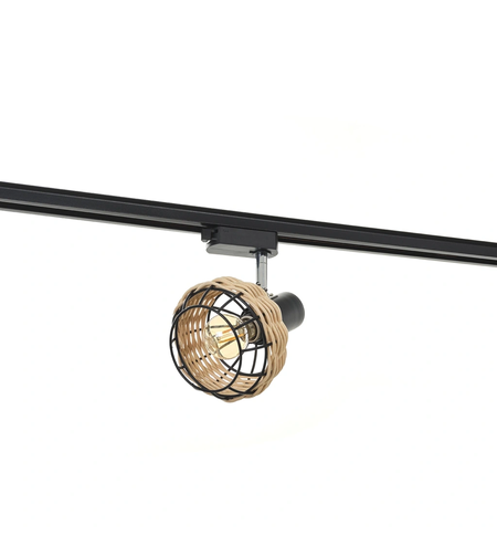 Черен релсов спот с ратанов абажур – 1xE14, подвижно тяло, модерен натурален стил