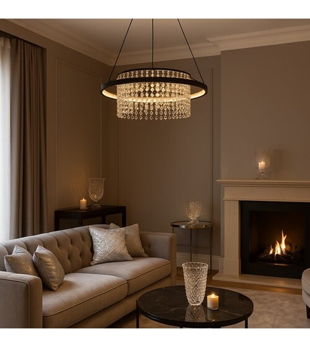 Модерен висящ LED плафон 40W, черен метал и прозрачно стъкло, регулируема светлина