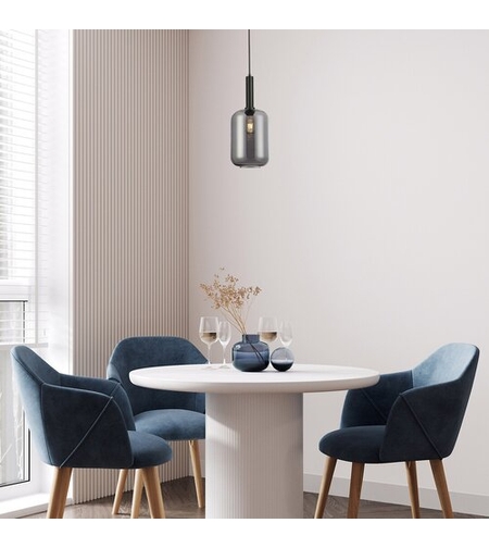 Модерен висящ полилей 1xE27, мат-черен метал и прозиращо кафяво стъкло, с текстилен кабел