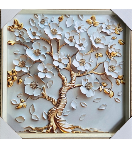 Златното дърво на живота  – елегантна картина с бели цветя, символ на хармония и изобилие