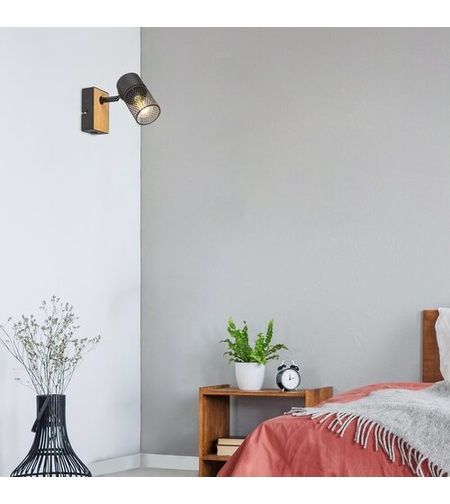 Индустриален стенен спот 1xE14 – метал и дърво в цвят дъб с черен абажур