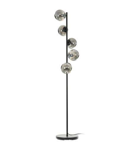 Модерна подова лампа от метал и стъкло – черен/хром, 5 X E27, светлоизточника, с кабел и ключ