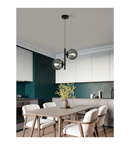 Модерен полилей 2 × E27 със стъклени тела – черен с регулируемависочина