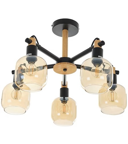 Винтидж таванен полилей – черен метал, дърво и прозрачно стъкло, 5xE14