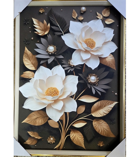 Перлено цвете – луксозна картина с бели цветя и златни акценти, елегантна декорация за стена