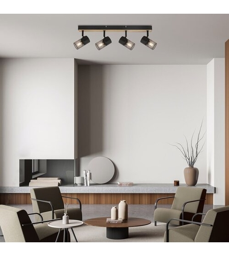 Индустриален спот 4xE14 – метал и дърво в цвят дъб с черни абажури