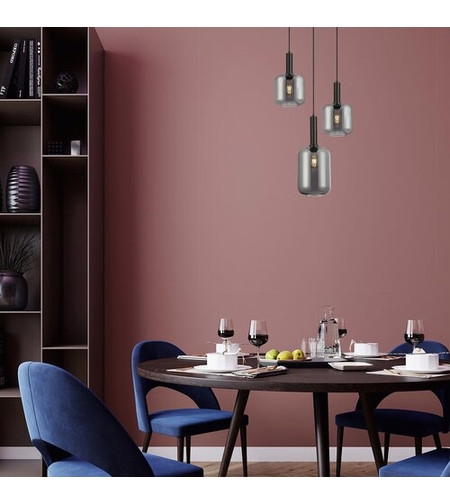 Модерен висящ полилей 3xE27, мат-черен метал и кафяво стъкло,текстилен кабел, европейски стандар