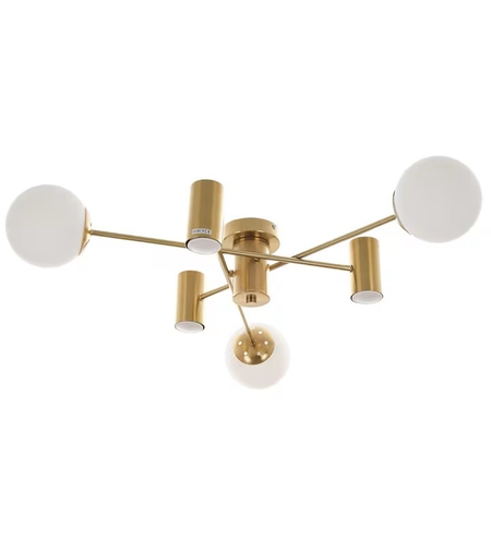 Изискан модерен полилей в цвят матирано злато, изработен от метал и стъкло. Идеален избор за всекидневна, трапезария или спалня. Комбинира елегантен дизайн и функционалност, като поддържа LED крушки с фасунги E27 и GU10. Осигурява равномерно и ефективно о