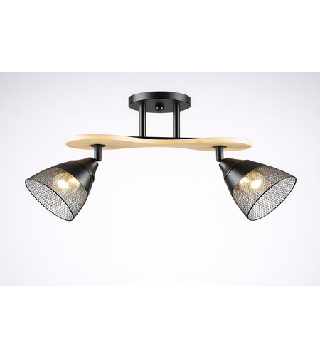 Модерен полилей 2 × E27 с метал и дърво – черно и натурално дърво