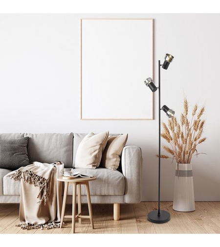 Модерен лампион – E14, 3xMAX15W, IP20, черен метал, стъкло с димен цвят