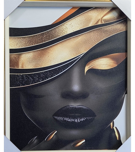 Златна мистерия – модерна картина на жена в черно и златно, луксозна декорация за стена