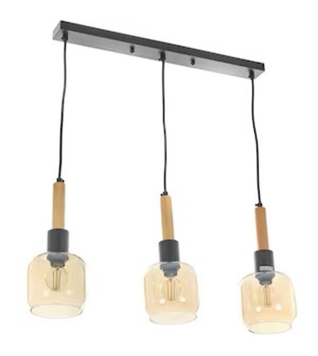 Винтидж полилей от черен метал, дърво и стъкло – 3xE14, регулируема височина