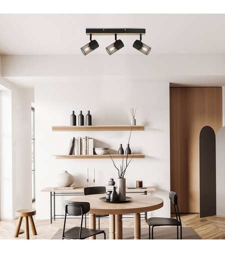 Индустриален спот 3xE14 – метал и дърво в цвят дъб с черни абажури